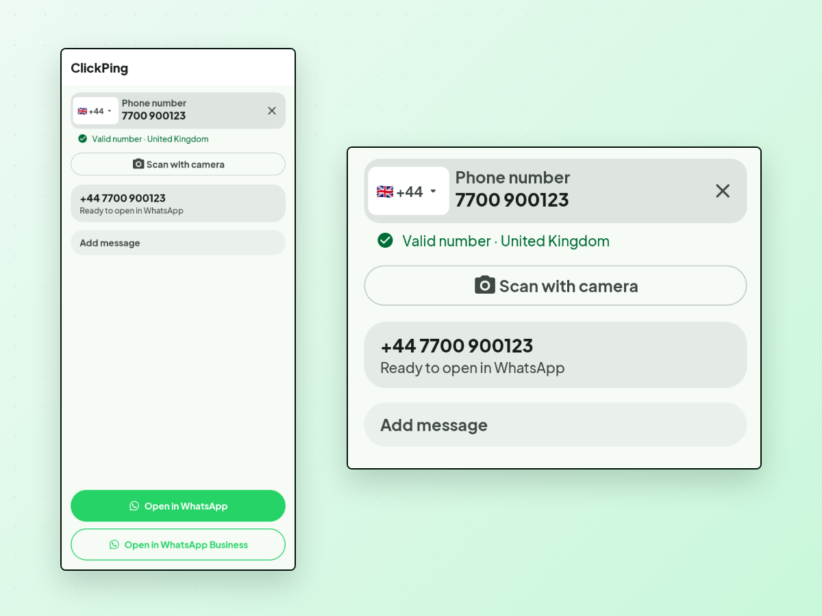 Two views of ClickPing's main screen. Left, the whole screen with Open in WhatsApp and Open in WhatsApp Business buttons at the bottom. Right, the same number entry magnified: +44 7700 900123 marked Valid number, United Kingdom, a Scan with camera button, and the line Ready to open in WhatsApp