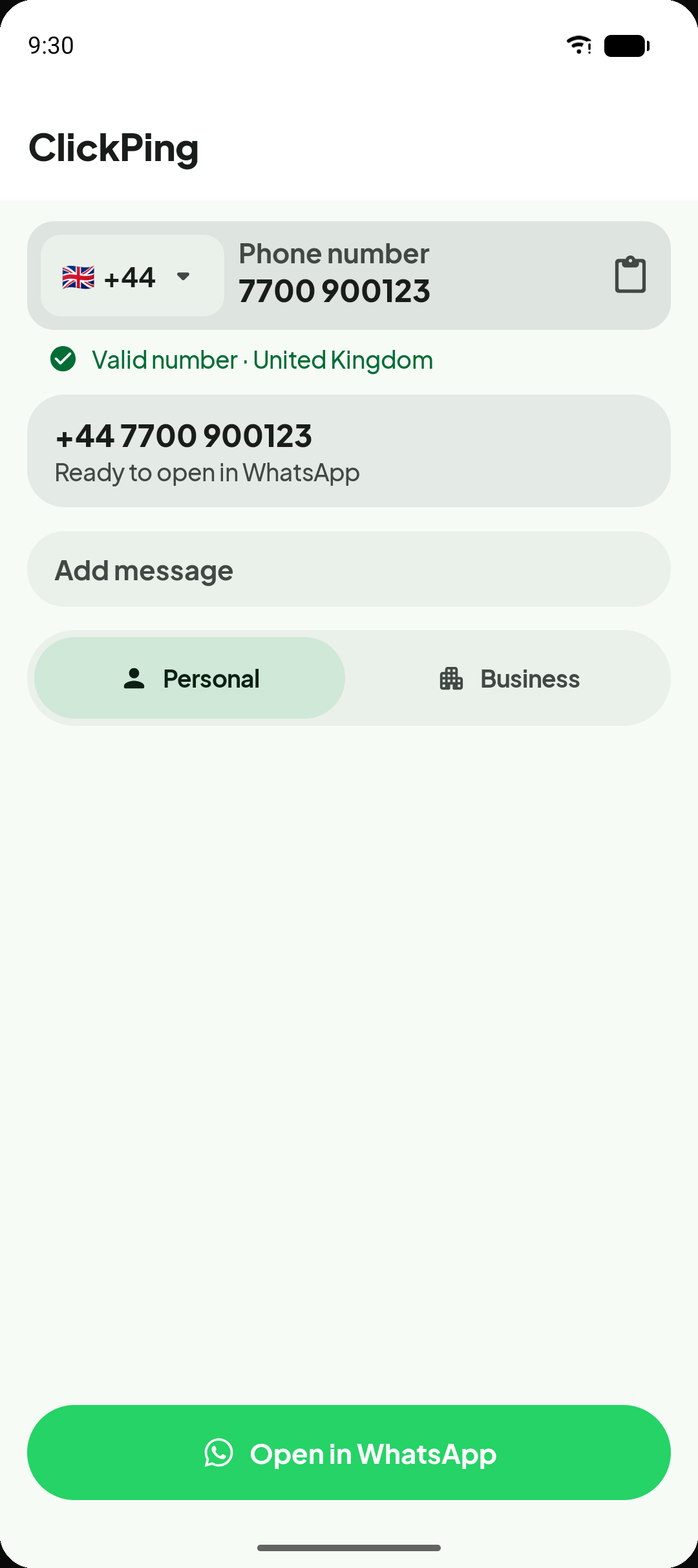 ClickPing main screen showing a normalized phone number preview with a green confirm button
